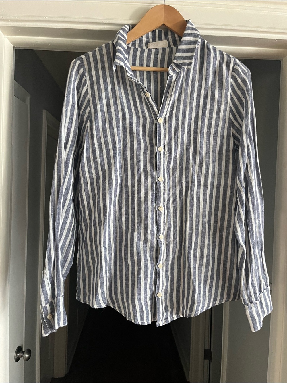 CP Shades 100% Linen Striped Button-Up Shirt in Blue and White